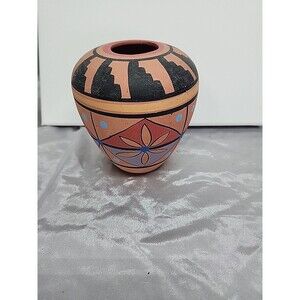 handmade and painted Pot Red Black blue  Clay Native 4.5 Inches Tall
